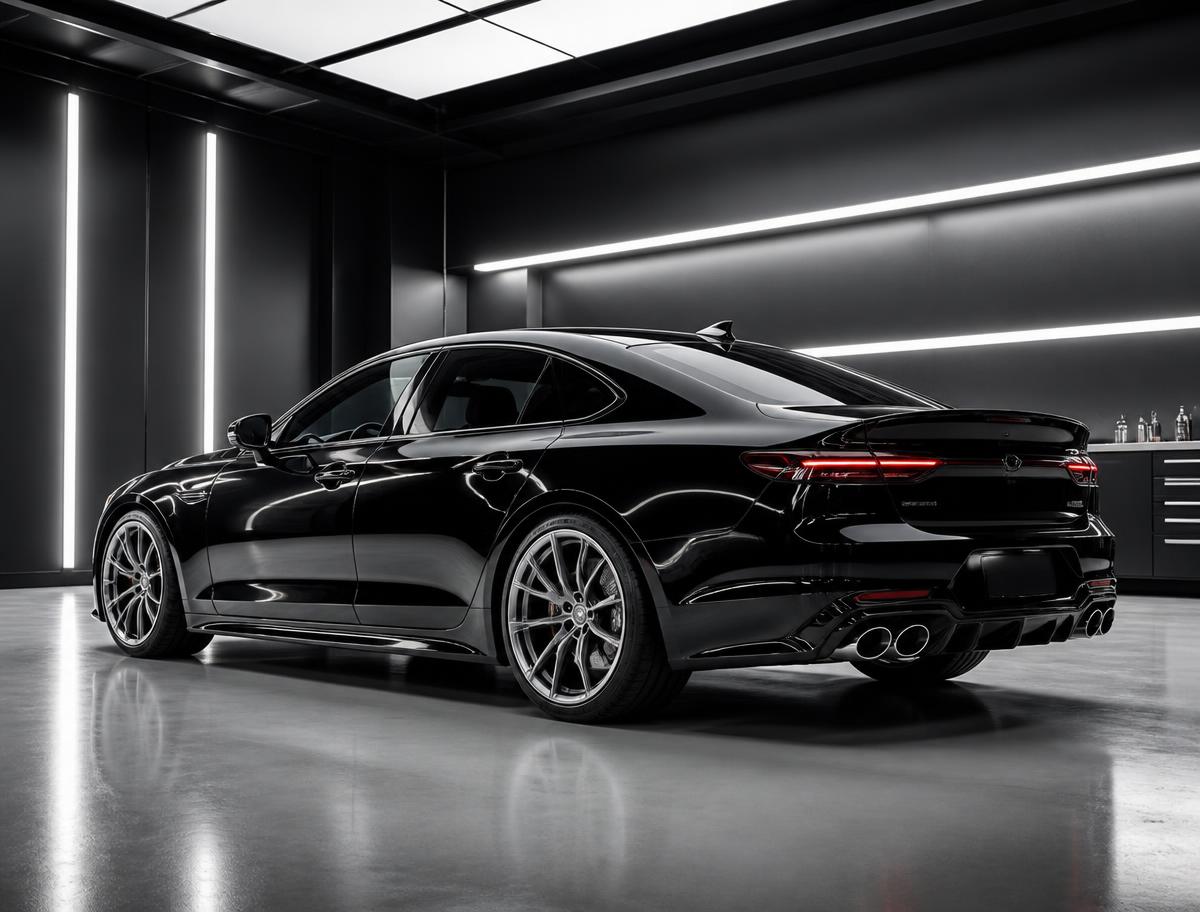 Glossy black luxury vehicle in a professional detailing studio